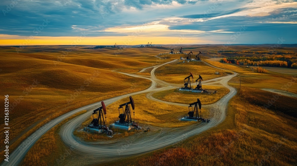 Fototapeta premium Aerial view of an oil field dotted with pumpjacks and pipelines crisscrossing the land under a cloudy sky
