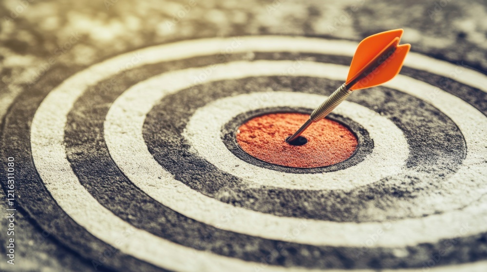 A dart hits the bullseye on a dartboard, symbolizing precision and achieving goals. A dart hits the bullseye on a dartboard, symbolizing precision and achieving goals.