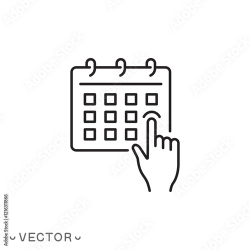 choose date icon, finger select day, calendar thin line symbol concept isolated on white background, editable stroke eps 10 vector illustration