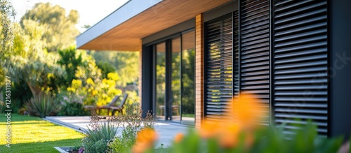 Modern House Exterior with Wooden Accents and Black Shutters
