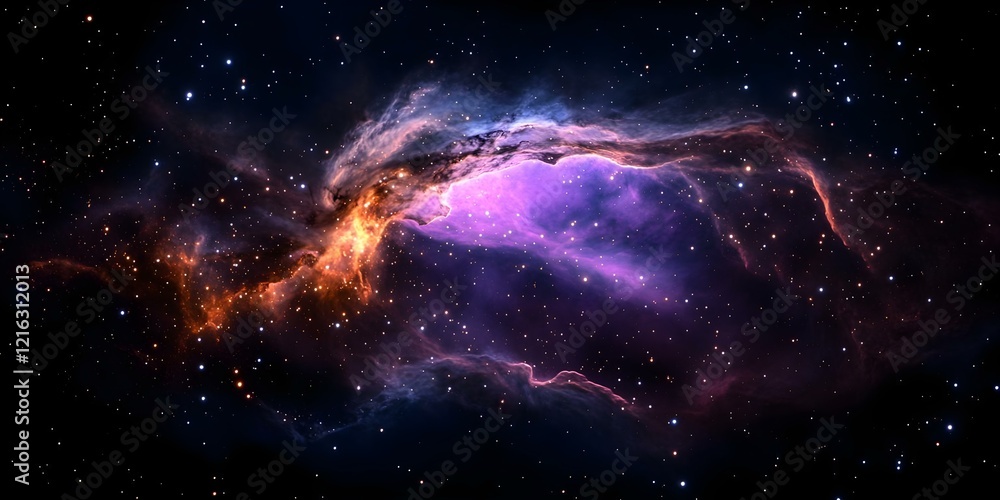 Obraz premium A colorful nebula in space surrounded by stars, showcasing vibrant gases and cosmic dust. Concept Colorful Nebula, Cosmic Dust, Vibrant Gases, Starry Background, Astronomical Wonder