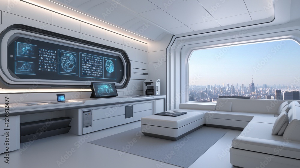 Futuristic Office Space with City View and Modern Furniture Futuristic Office Space with City View and Modern Furniture