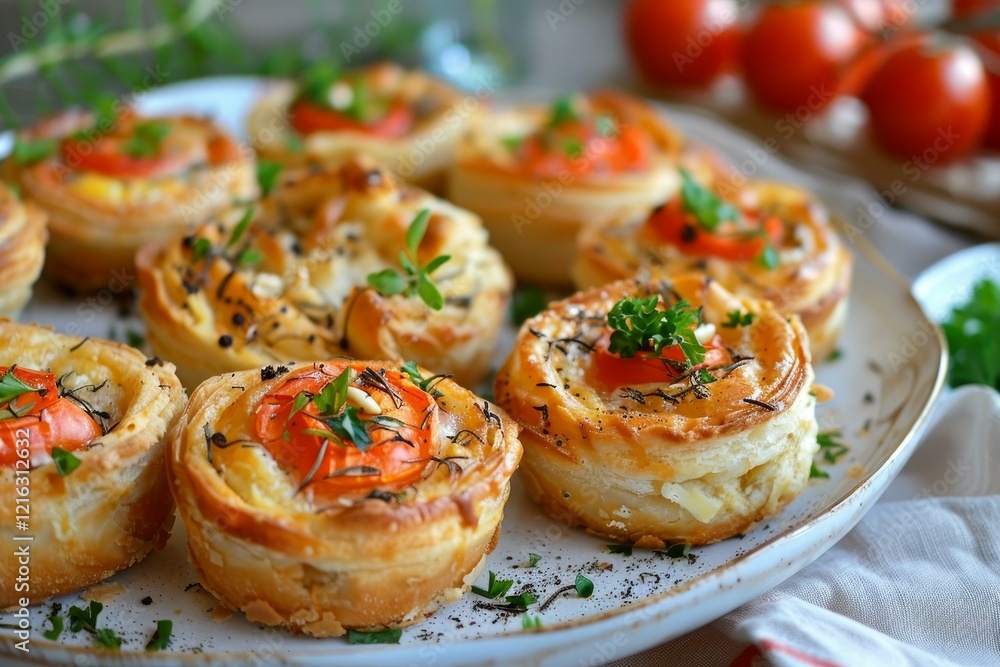 Delicious mini tarts topped with tomatoes and fresh herbs on a plate Delicious mini tarts topped with tomatoes and fresh herbs on a plate