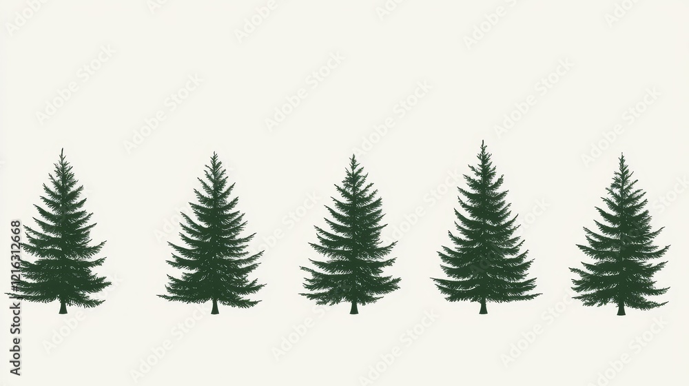 Five stylized evergreen trees in a horizontal row, minimalist design Five stylized evergreen trees in a horizontal row, minimalist design