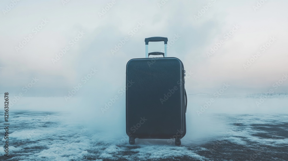 A large rolling suitcase with a soft touch of mist in a quiet, empty space A large rolling suitcase with a soft touch of mist in a quiet, empty space