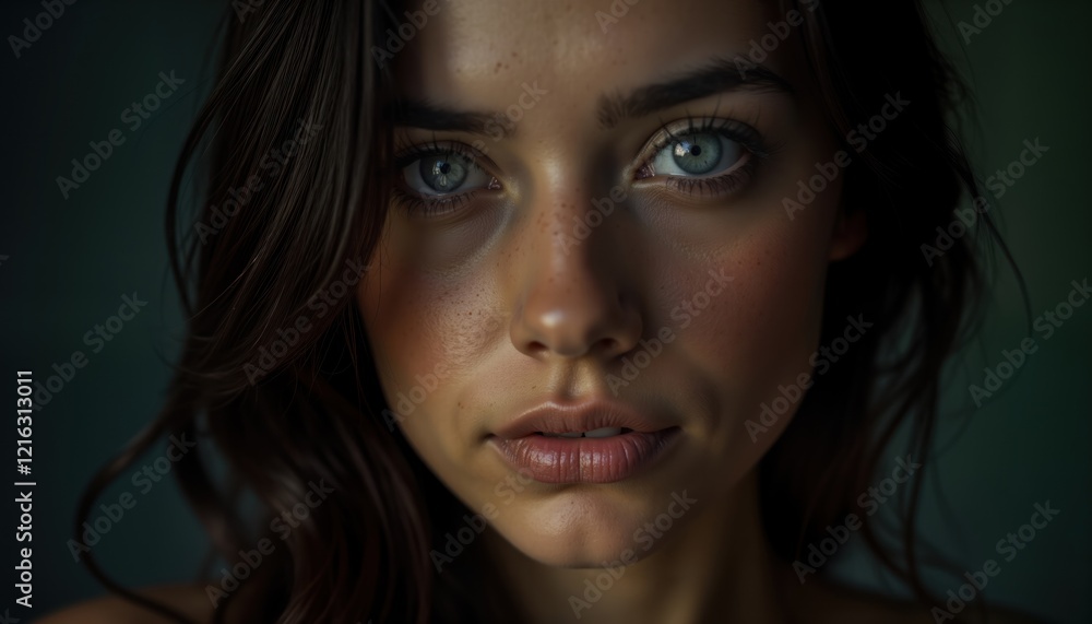 Young woman with intense gaze posing in studio. Dramatic lighting creates strong contrasts, shadows. Brunette model expresses contemplative mood. Close-up portrait highlights facial features. Modern Young woman with intense gaze posing in studio. Dramatic lighting creates strong contrasts, shadows. Brunette model expresses contemplative mood. Close-up portrait highlights facial features. Modern