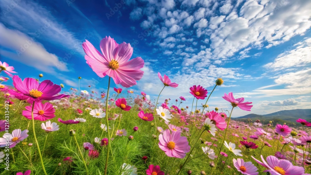 Rolling hills of vibrant cosmos flowers swaying gently in the breeze under a clear blue sky with a few wispy clouds Rolling hills of vibrant cosmos flowers swaying gently in the breeze under a clear blue sky with a few wispy clouds
