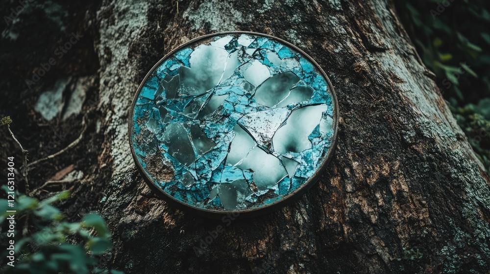 Obraz premium A rustic cracked mirror lying against a tree trunk, reflecting blurred hints of the misty forest.