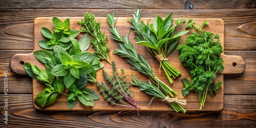 Fresh Herb Sampler on Wooden Board , wooden, fresh,  wooden, fresh