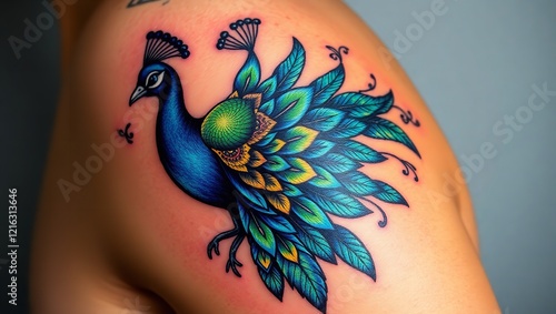 Vibrant and Colorful Illustration of a Peacock Tattoo on a Human's Thin Arm photo