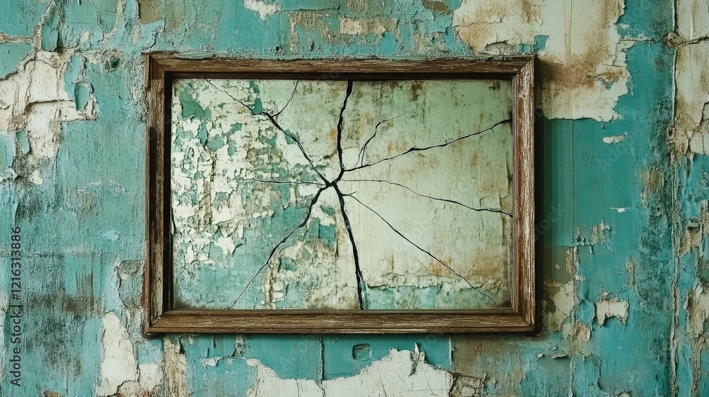 Naklejka premium A single crack running across a wall-mounted mirror, framed by a vintage wooden border.