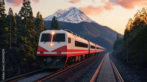 Train journey through majestic mountains in scenic landscape captured at sunset view with vibrant colors photo