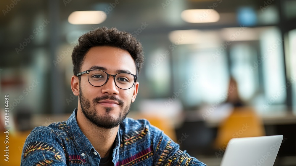 Obraz premium Confident Young Professional Focused on Work, Working on Laptop in a Modern Office Setting