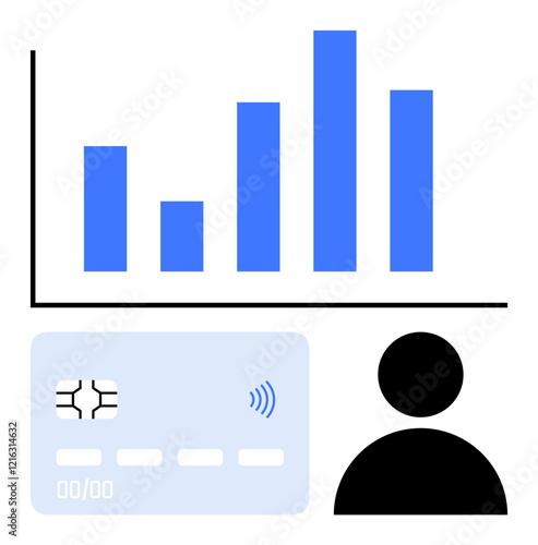 Bar graph indicating growth, credit card with chip and contactless payment symbol, black silhouette of user. Ideal for fintech, finance, analytics, user behavior, digital payments, branding abstract