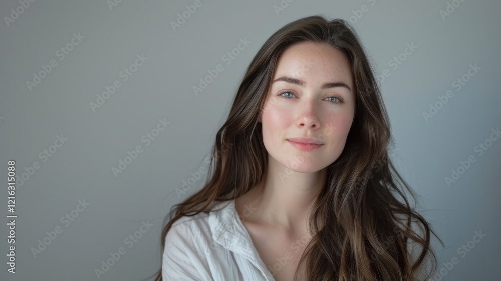 Fototapeta premium photograph of Beautiful woman with long brunette hair, on white background telephoto lens realistic daylight cool color