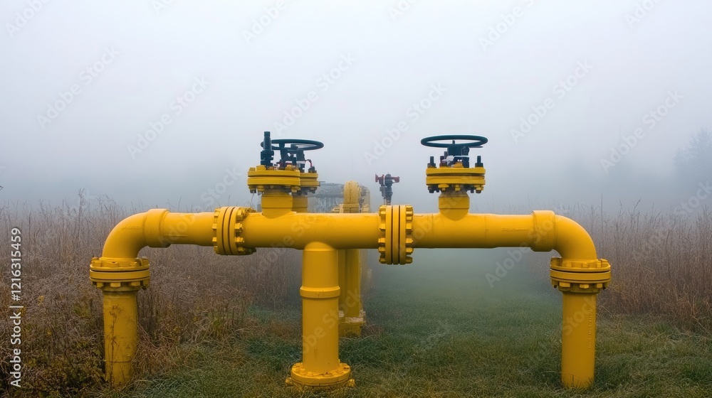 Industrial piping with integrated electrical systems, partially obscured by rising mist. Industrial piping with integrated electrical systems, partially obscured by rising mist.