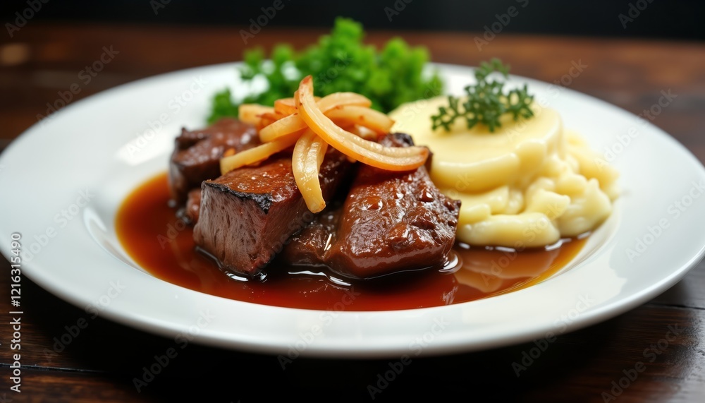 Delicious looking liver, onions dish served with creamy mashed potatoes, gravy. Tender pieces of liver coated in rich sauce with sliced onions. Side of fluffy mashed potatoes creates comforting meal. Delicious looking liver, onions dish served with creamy mashed potatoes, gravy. Tender pieces of liver coated in rich sauce with sliced onions. Side of fluffy mashed potatoes creates comforting meal.