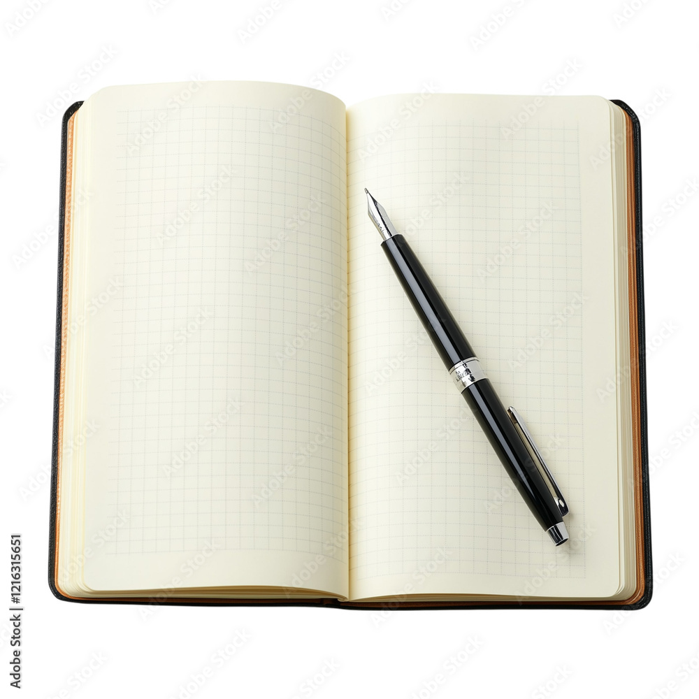 Open Notebook with Blank Grid Pages and Black Pen, Isolated on White, Representing Writing and Creative Planning Transparent Background Open Notebook with Blank Grid Pages and Black Pen, Isolated on White, Representing Writing and Creative Planning Transparent Background