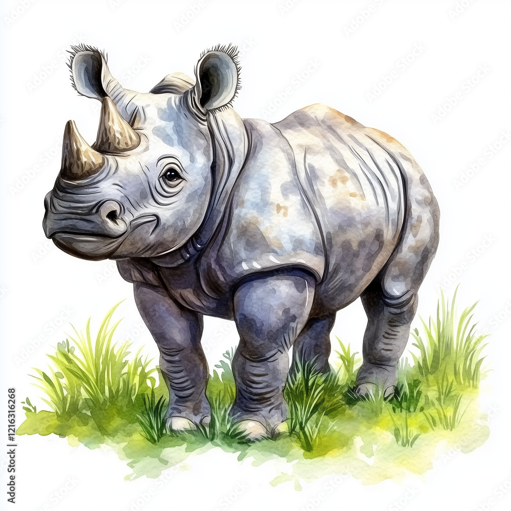 Obraz premium Illustration of the Indian Rhinoceros running towards through the jungle, soft watercolor tones, white background, detailed illustration, cartoonish.