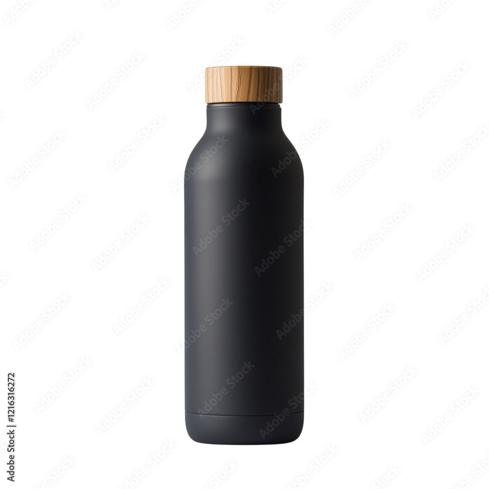 Matte Black Metal Water Bottle with Bamboo Lid, Isolated on White, Representing Sustainable Hydration and Minimalist Design Transparent Background Matte Black Metal Water Bottle with Bamboo Lid, Isolated on White, Representing Sustainable Hydration and Minimalist Design Transparent Background