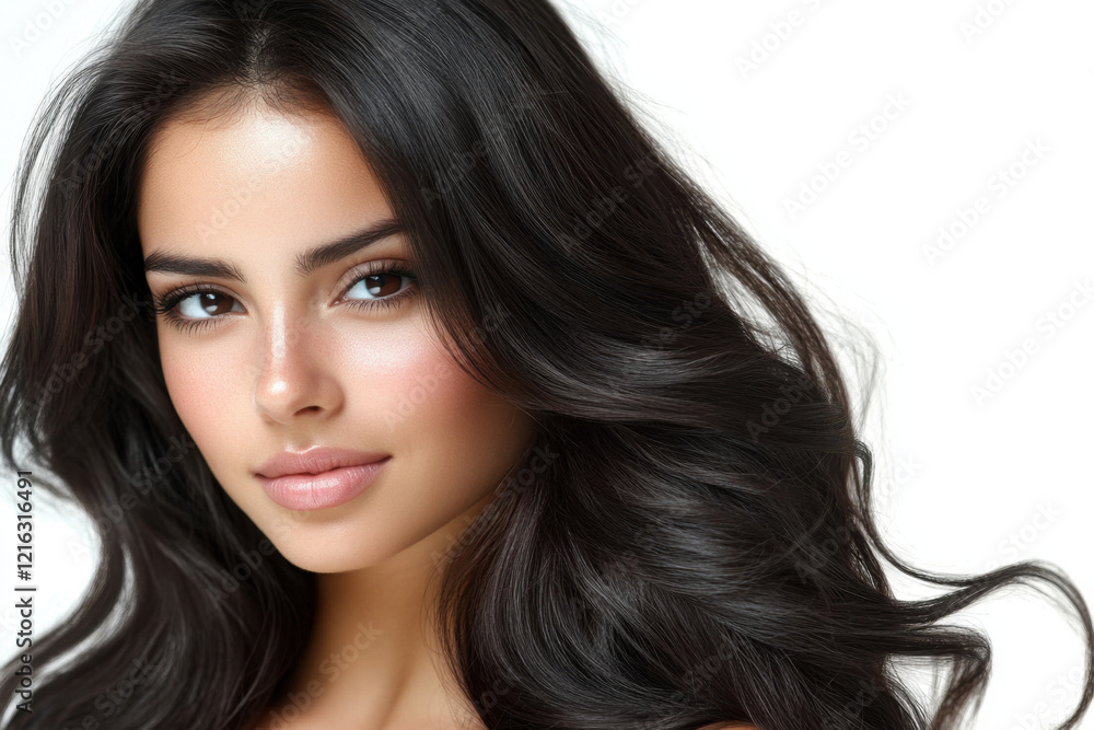 Naklejka premium happy girl with long wavy hair and radiant smile against white background, showcasing her natural beauty and glowing skin