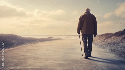 An elderly man uses a cane as he strolls alone on a peaceful beach path, with soft waves lapping at the shore. A concept of loneliness, approaching death and departure from life.