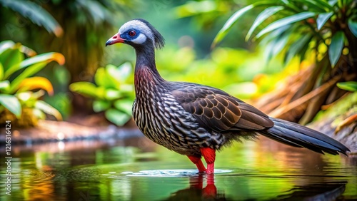 Black-fronted Piping Guan Wading in Shallow Water - High-Resolution Stock Photo photo