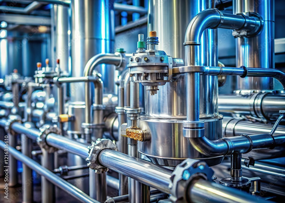 Close-up of Milk UHT Processing Machine Parts & Pipes - Industrial Food & Drink Production Close-up of Milk UHT Processing Machine Parts & Pipes - Industrial Food & Drink Production