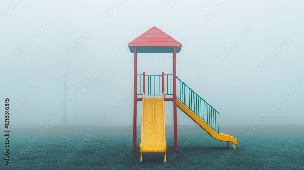 pm2.5 concept. Empty playground structure in fog, featuring a colorful slide and a small tower. pm2.5 concept. Empty playground structure in fog, featuring a colorful slide and a small tower.
