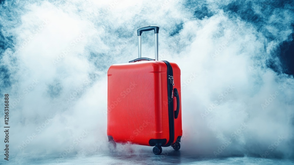 Soft-focus image of a bright suitcase on a white background, surrounded by a calming mist Soft-focus image of a bright suitcase on a white background, surrounded by a calming mist
