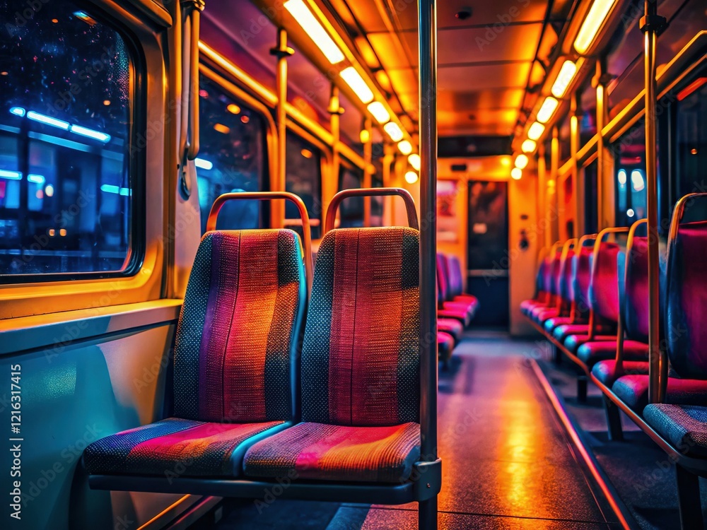 Fototapeta premium Empty Bus Seat at Night, Soft Light, Solitude, Travel, Transportation