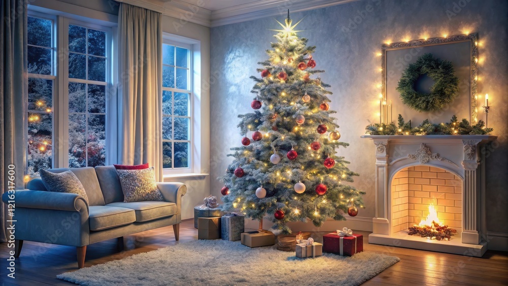 Snow-covered Christmas tree with twinkling lights and ornaments in a cozy living room Snow-covered Christmas tree with twinkling lights and ornaments in a cozy living room