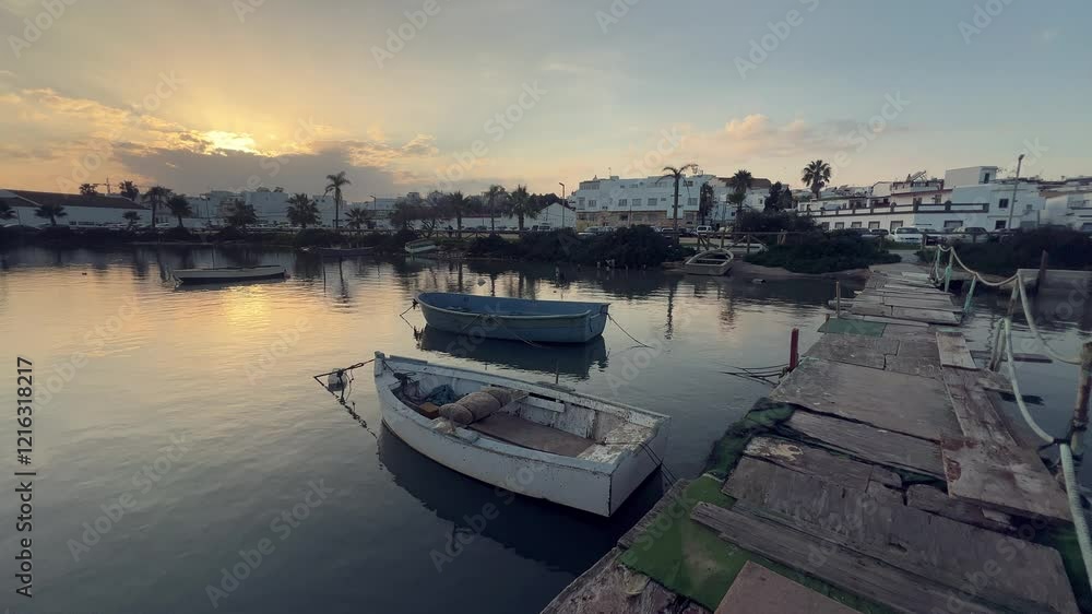 Static view of marina with a jetty and moored fishing boats. Orange light