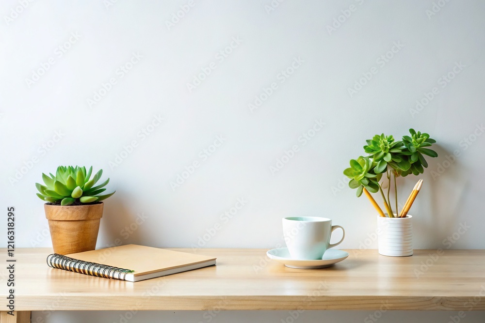 Minimalist Home Office Desk Setup with Copy Space - White Desk, Succulents, Bonsai