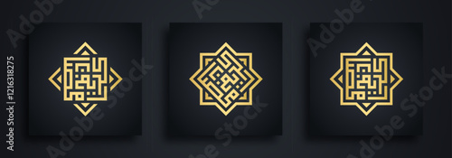 Set of Gold Kufi Ramadan Kareem calligraphy on black background. Vector illustration	