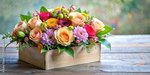 Colorful flowers in a decorative box with lush greenery and soft petals , Beautiful bouquet