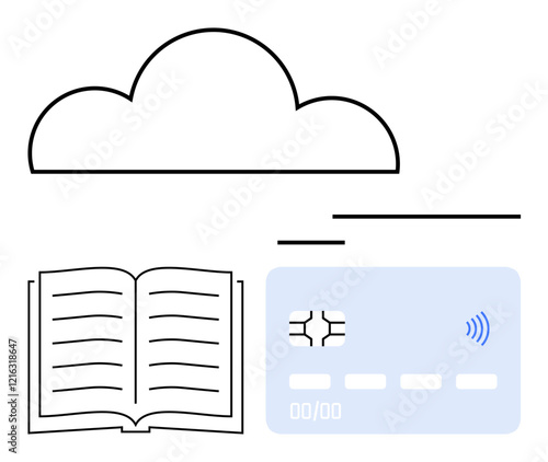 Cloud outline over open book with text lines and a contactless payment card. Ideal for digital storage, education, payment systems, data exchange, cloud computing, modern technology, abstract line