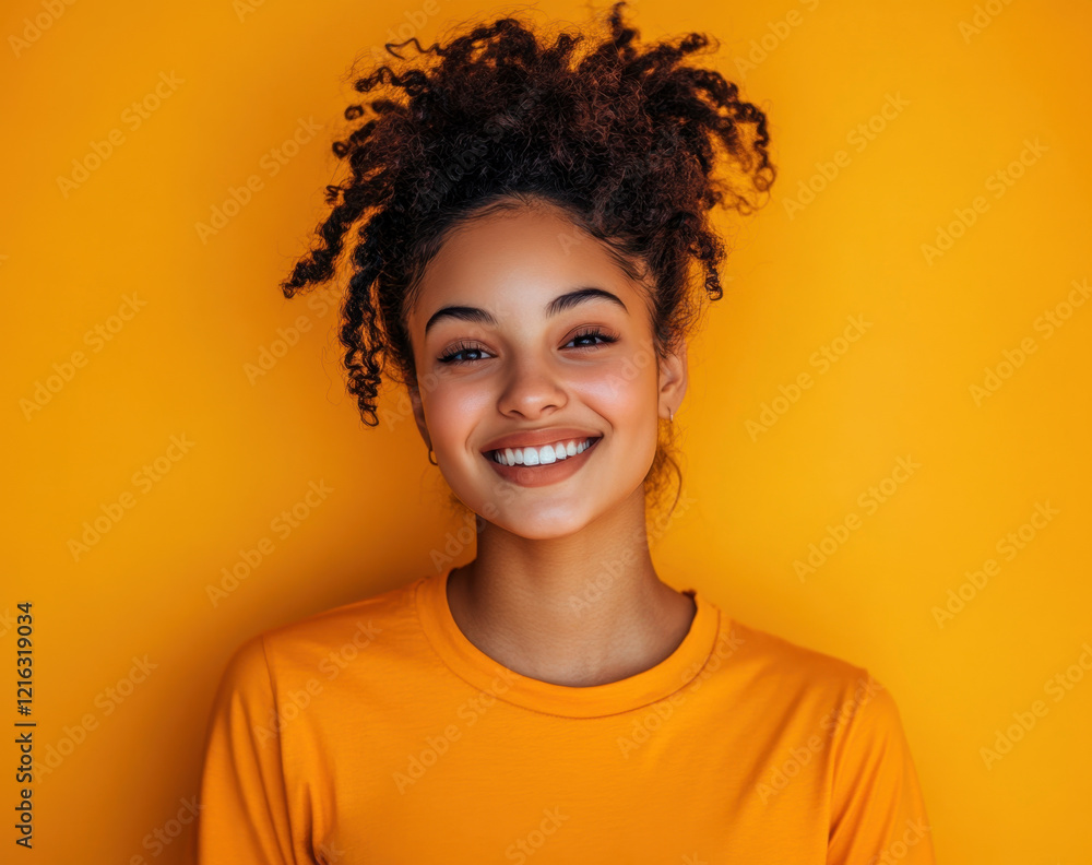 Happy smiling young woman with curly hair wearing bright yellow t shirt against vibrant yellow background, radiating positivity and joy Happy smiling young woman with curly hair wearing bright yellow t shirt against vibrant yellow background, radiating positivity and joy