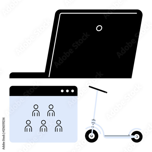 Laptop, user dashboard with team icons, and scooter illustrate technology, mobility, and collaboration. Ideal for remote work, commuting, apps, transportation tech startups innovation abstract