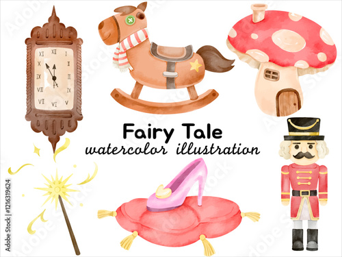 Watercolor Fairy Tale Illustration: Featuring Clock, Rocking Horse, Magic Wand, Mushroom House, Cinderella’s Glass Slipper, and Nutcracker for Fantasy-Themed Storybook Designs and Creative Projects
