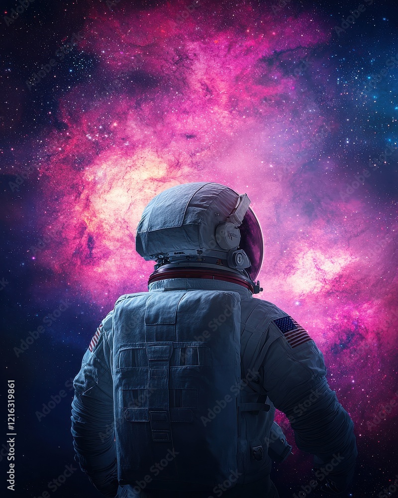 An astronaut gazes into a vibrant, colorful nebula, embodying the awe and mystery of outer space exploration. An astronaut gazes into a vibrant, colorful nebula, embodying the awe and mystery of outer space exploration.