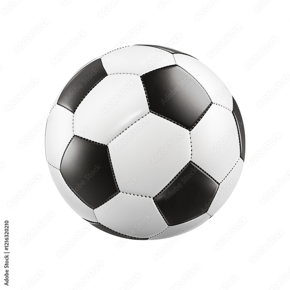 Fototapeta premium Classic Soccer Ball, Black and White Pattern, Isolated on White, Sports Equipment, Emphasizing Team Play and Athleticism