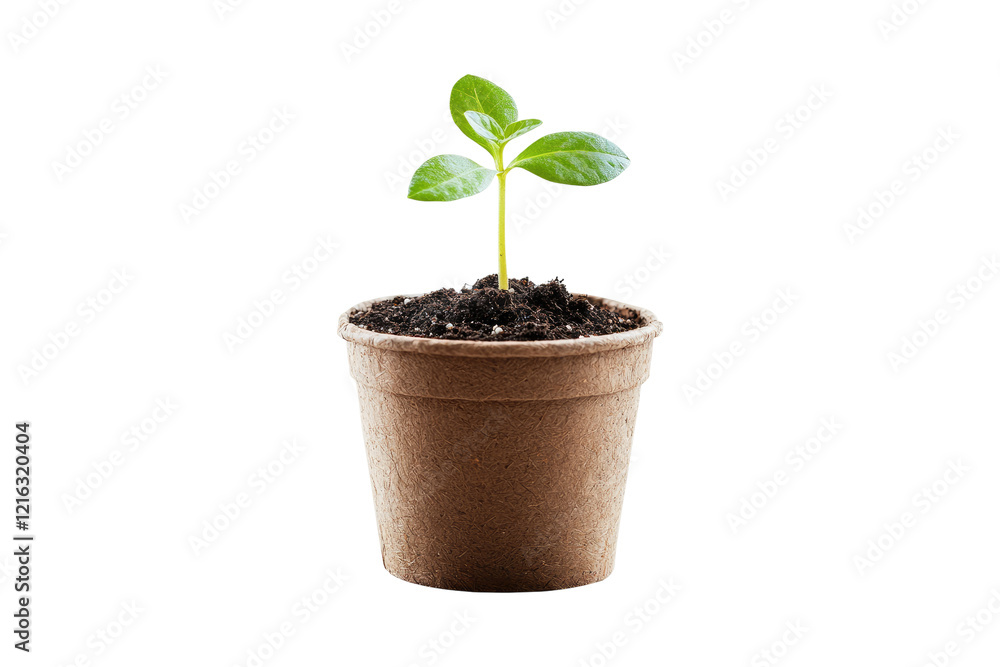 Growing plant in eco-friendly biodegradable pot isolated on white or transparent, PNG