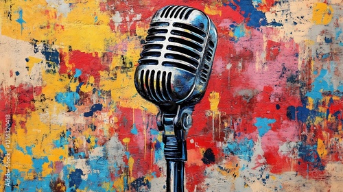 Retro Vibes: Street Art of a Vintage Microphone with Splashed Paint