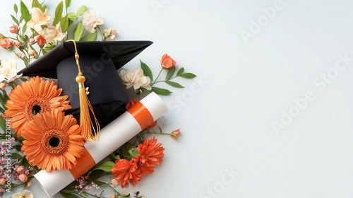 A graduation cap rests atop a diploma surrounded by vibrant flowers, symbolizing achievement and new beginnings in education and life.
