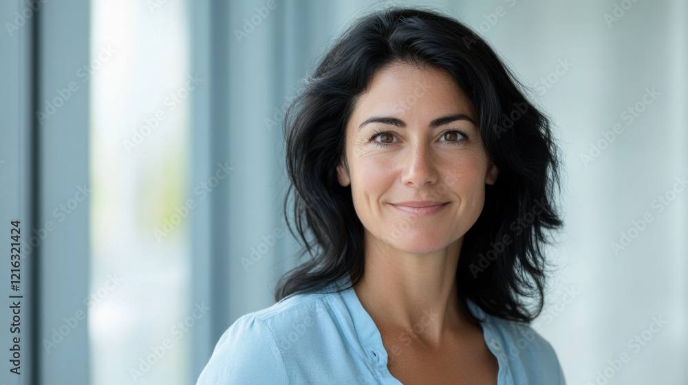 confident woman with dark hair smiles warmly, wearing light blue shirt, in bright, modern environment. Her expression conveys positivity and approachability confident woman with dark hair smiles warmly, wearing light blue shirt, in bright, modern environment. Her expression conveys positivity and approachability