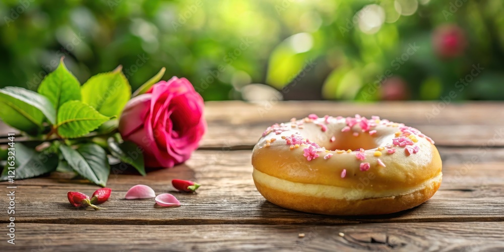 A glazed donut on a wooden table with a single rose petal in front of it, surrounded by lush greenery, details, floral A glazed donut on a wooden table with a single rose petal in front of it, surrounded by lush greenery, details, floral