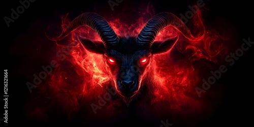 A fierce-looking black goat with glowing red eyes, surrounded by swirling red and black smoke or flames. Concept Mythical Black Goat, Glowing Red Eyes, Surreal Smoke Effects, Dark Fantasy Artwork photo