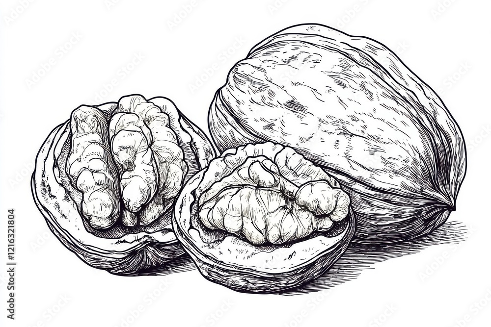 Fototapeta premium Continuous line art drawing of walnuts, isolated on a white background.