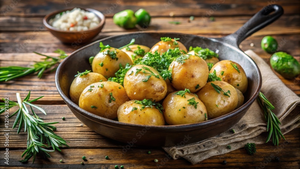 Hearty boiled potato with fresh herbs on top in a cast iron pan, boil, food, boil, food Hearty boiled potato with fresh herbs on top in a cast iron pan, boil, food, boil, food
